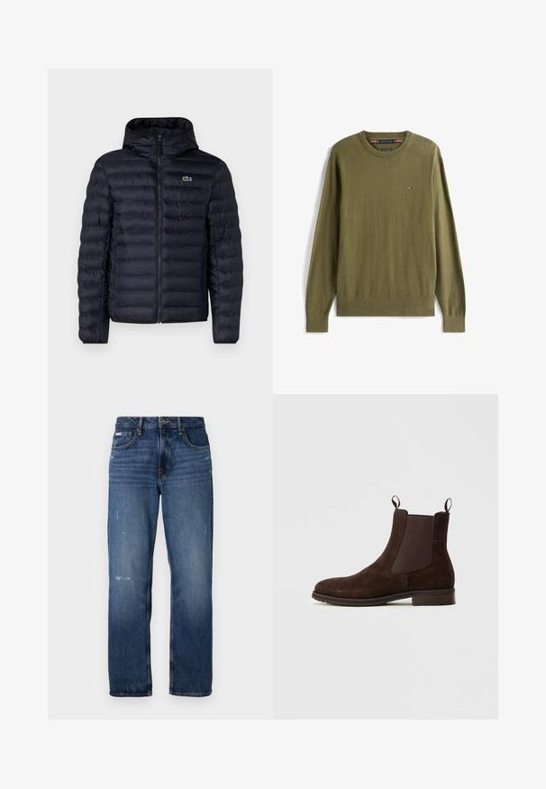 Marine gewatteerde jas met capuchon, voorzien van een rits aan de voorkant en elastische manchetten. Getextureerde afwerking met horizontale stiksels en een logo-accent.; Olivengroene trui met lange mouwen en ronde hals, met klein Tommy Hilfiger-logo op de linkerborst en geribde boorden en zoom.; Blauwe denim jeans met een rechte pijpdesign. Bevat vervaagde delen en lichte slijtage aan de voorkant, met een klassieke knoopsluiting.; Bruine leren Chelsea-boot van suede met elastische zijpanelen, luslussen, ronde neus en een lage gestapelde hak. De textuur zorgt voor extra detail.