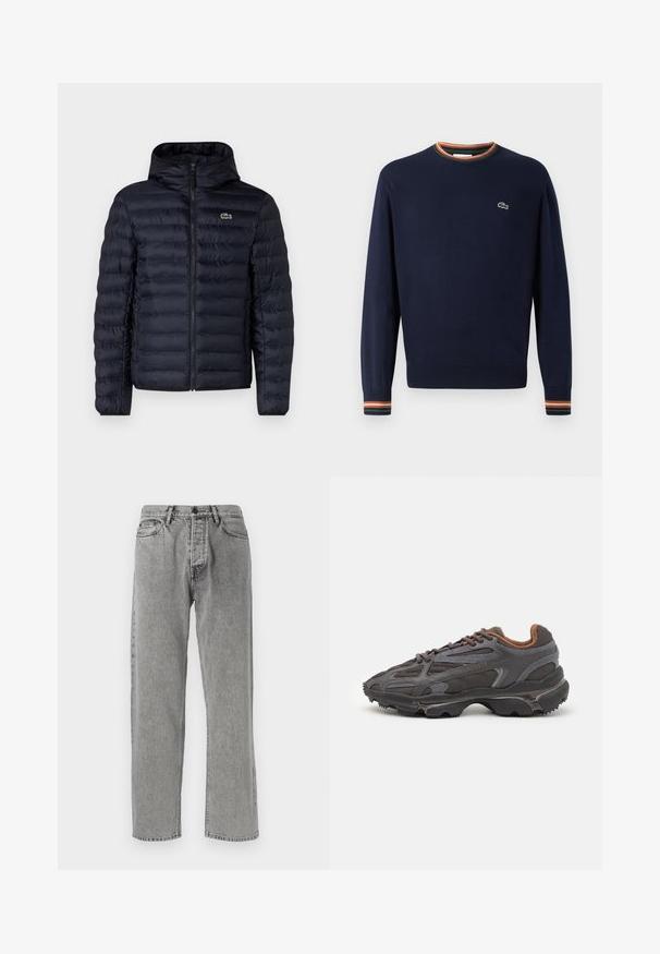 Chaqueta acolchada navy con capucha, que cuenta con un cierre frontal y puños elásticos. Acabado texturizado con costuras horizontales y un acento de logo.; Suéter azul marino con cuello redondo, puños acanalados con rayas verdes, naranjas y blancas, y un pequeño logo bordado en el pecho.; Jeans de mezclilla gris con un diseño de pierna recta, que presentan un estilo clásico de cinco bolsillos, costuras visibles y un cierre de cremallera con botón.; Zapatillas Lacoste en gris oscuro con material de malla y sintético, que cuentan con una suela texturizada y detalles en marrón en el cuello y la marca.