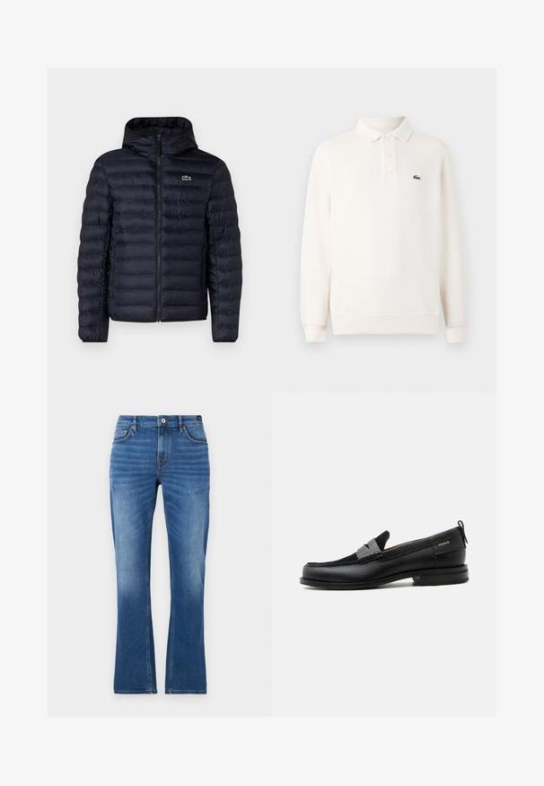 Marine gewatteerde jas met capuchon, voorzien van een rits aan de voorkant en elastische manchetten. Getextureerde afwerking met horizontale stiksels en een logo-accent.; Lange mouwen polo shirt in lichtroomcreme met een textuurgebreide stof, voorzien van een drie-knoopsluiting en een groene geborduurde logo op de borst.; Jeans met uitlopende pijpen in medium blauw. Heeft een vijfzakkenontwerp, stikselaccenten, een knoopsluiting en een licht vervaagde textuur op de benen.; Zwarte leren loafer met grijs riemdetailelement, lage hak en gestructureerde zool, aan de zijkant gebrandmerkt met "HUGO" in goud.