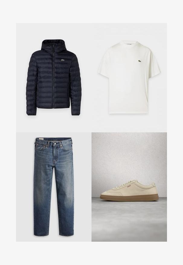 Marine gewatteerde jas met capuchon, voorzien van een rits aan de voorkant en elastische manchetten. Getextureerde afwerking met horizontale stiksels en een logo-accent.; Witte T-shirt met korte mouwen en ronde hals en een klein groen krokodillenlogo op de linkerborst.; Donkerblauwe spijkerbroek van denim met een losse pasvorm, rechte pijpen, vijf steekzakken en subtiele vervaging op de dijen. Zilveren knoop en klinknagels.; Lichtbeige suède sneaker met een zool van gumrubber, opvallende veters en subtiele stikdetails. Strak ontwerp met een minimalistische uitstraling.