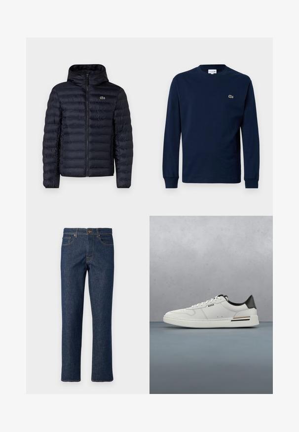 Chaqueta acolchada navy con capucha, que cuenta con un cierre frontal y puños elásticos. Acabado texturizado con costuras horizontales y un acento de logo.; Camiseta de manga larga azul marino hecha de algodón, con cuello redondo y un pequeño logo de cocodrilo verde en el lado izquierdo del pecho.; Jeans de mezclilla azul oscuro con corte recto, que cuentan con un cierre de botón, cinco bolsillos y detalles de costura en contraste.; Zapatilla baja blanca con talón negro, cierre con cordones, perforaciones sutiles y el logo "BOSS" en el costado, mostrada desde el perfil exterior.