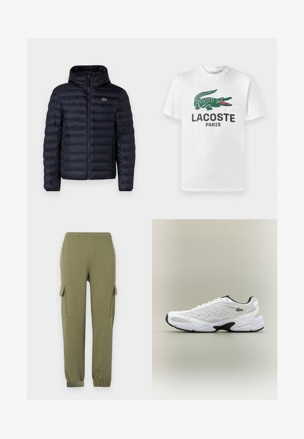 Marineblå polstret jakke med hætte, der har en frontlynlås og elastiske manchetter. Teksturfinish med vandret søm og en logo accentering.; Lacoste T-shirts print - white; Cargo bukser i olivengrønt letvægtsstof, med sidelommer, elastisk talje og taperede manchetter for en tætsiddende pasform.; Hvide atletiske sko med tekstureret mesh-overdel, buet design og kontrasterende sort ydersål. Har en grøn broderet logo på siden.