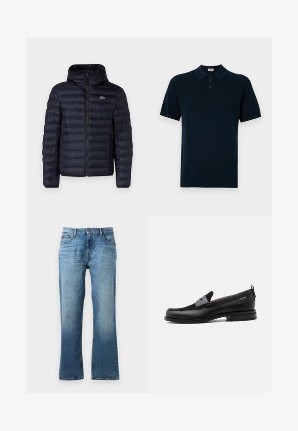 Marine gewatteerde jas met capuchon, voorzien van een rits aan de voorkant en elastische manchetten. Getextureerde afwerking met horizontale stiksels en een logo-accent.; Marineblauwe polo met korte mouwen, voorzien van een gestructureerde stof, een drieknoopsluiting en gebreide kraag en manchetten.; Lichtblauwe denim jeans met een rechte broekspijp, voorzien van een vervaagd uiterlijk, vijf zakken en een knoopsluiting met metalen hardware.; Zwarte leren loafer met grijs riemdetailelement, lage hak en gestructureerde zool, aan de zijkant gebrandmerkt met "HUGO" in goud.