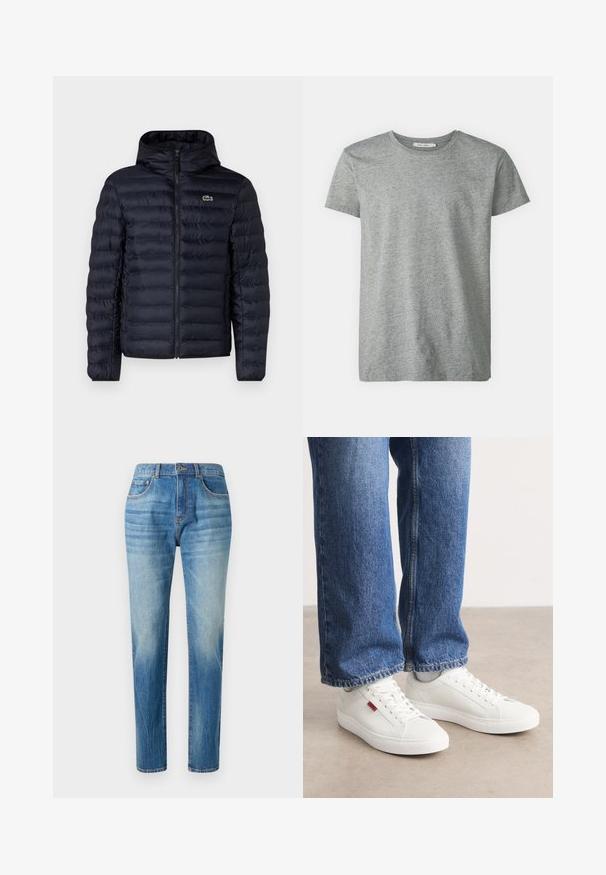 Marineblaue gepolsterte Jacke mit Kapuze, ausgestattet mit einem Frontreißverschluss und elastischen Bündchen. Strukturierte Oberfläche mit horizontalen Nähten und einem Logo-Detail.; Graues Kurzarm-T-Shirt aus weichem Baumwollmix. Hat einen Rundhalsausschnitt und eine einfache, glatte Textur ohne Muster oder Akzente.; Hellblaue Denim-Jeans im geraden Schnitt, mit hoher Taille, subtiler Auswaschung und klassischem Fünf-Taschen-Design. Metallknopfverschluss.; Weiße Sneakers mit glatter Oberfläche, runder Spitze und flacher Sohle. Ergänzt durch blaue Jeans im geraden Schnitt mit sichtbaren Nähten.