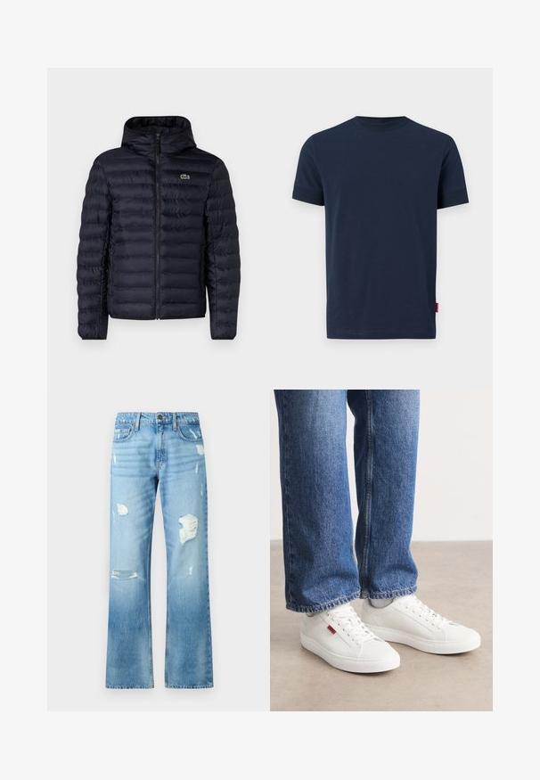 Marine gewatteerde jas met capuchon, voorzien van een rits aan de voorkant en elastische manchetten. Getextureerde afwerking met horizontale stiksels en een logo-accent.; Kneesblauwe katoenen t-shirt met korte mouwen, ronde hals en een klein rood labelaccent aan de onderste linkerzoom. Zachte textuur, eenvoudig ontwerp.; Lichtblauwe spijkerbroeken met een rechte pijp ontwerp, met gescheurde details en een vervaagde afwerking. Inclusief een metalen knoop en vijf zakken.; Witte sneakers met een glad oppervlak, ronde neus en platte zool. Vergezeld door blauwe denim jeans met een rechte pasvorm en zichtbare stiksels.