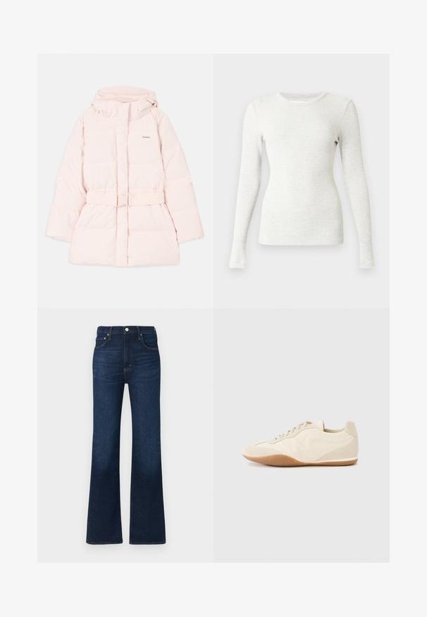 Chaqueta acolchada rosa con cuello alto, capucha ajustable, cintura con cinturón y detalle sutil del logo. Tejido suave y ligero con un diseño acolchado.; Top de manga larga gris claro con textura acanalada, cuello redondo y silueta ajustada, hecho de tela suave y elástica. Sin estampados ni detalles adicionales.; Jeans acampanados de mezclilla en azul oscuro, con cintura alta, diseño de cinco bolsillos y detalles clásicos de costura. Textura suave.; Zapatillas deportivas color beige claro con parte superior de cuero texturizado, paneles laterales texturizados y suela de goma. Presentan un diseño elegante y estilizado con cordones planos.
