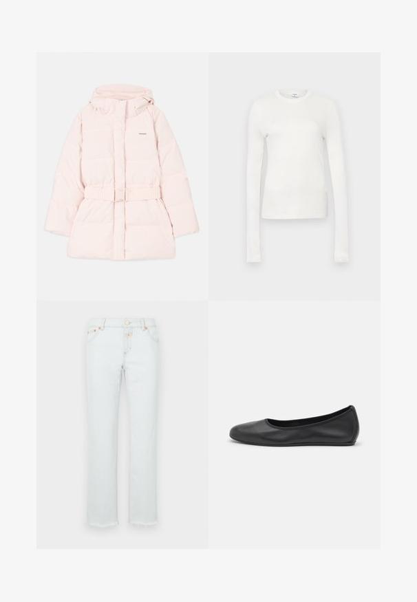 Chaqueta acolchada rosa con cuello alto, capucha ajustable, cintura con cinturón y detalle sutil del logo. Tejido suave y ligero con un diseño acolchado.; Camiseta blanca de manga larga hecha de algodón suave. Presenta un escote redondo, silueta ajustada y textura suave. Sin patrones ni acentos.; Jeans de mezclilla clara con pierna recta, que presentan un dobladillo deshilachado, herrajes de cobre y un diseño de cinco bolsillos.; Bailarina de piel negra con punta redondeada, textura suave, detalle de costura minimalista y diseño de suela flexible.