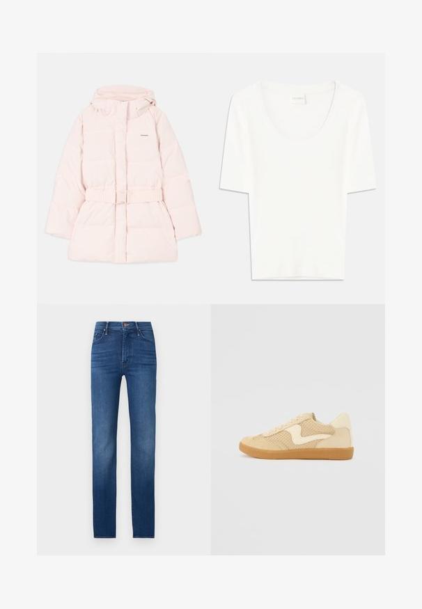 Veste rose rembourrée avec un col montant, une capuche ajustable, une taille ceinturée et un détail de logo subtil. Tissu lisse et léger avec un design matelassé.; T-shirt blanc à manches courtes avec un col rond. Fabriqué en coton doux, il présente une coupe décontractée et un design minimaliste.; Jean skinny bleu foncé avec cinq poches et fermeture par bouton, présenté sur un fond clair uni.; Sneaker beige avec des matériaux en daim et en maille, forme arrondie, col rembourré proéminent et semelle en caoutchouc gomme. Présente un accent de design en forme de vague.