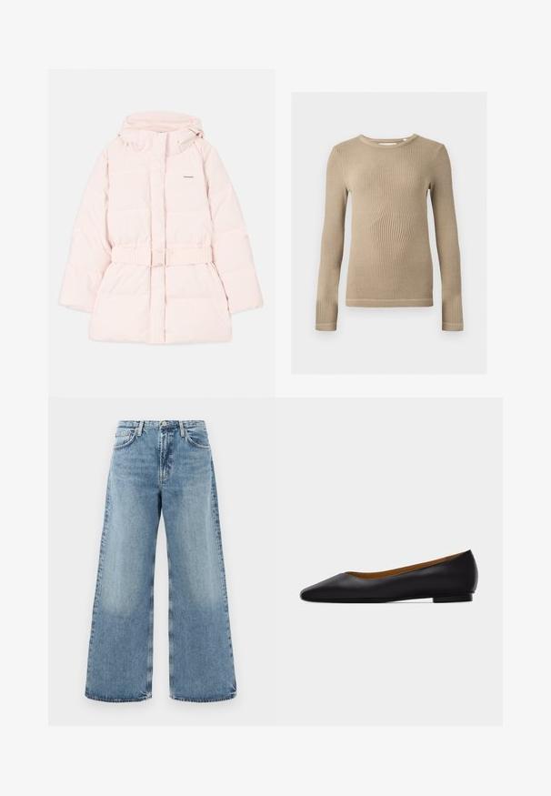 Chaqueta acolchada rosa con cuello alto, capucha ajustable, cintura con cinturón y detalle sutil del logo. Tejido suave y ligero con un diseño acolchado.; Top de punto beige con manga larga acanalada, escote redondo, silueta ajustada y costuras visibles en los dobladillos sobre un fondo liso.; Vaqueros de mezclilla de un azul claro, de pierna ancha y cintura alta, con diseño tradicional de cinco bolsillos, costuras visibles y un acabado sin dobladillo.; Zapato plano de punta puntiaguda de cuero negro con tacón bajo y acabado liso, mostrado de perfil sobre un fondo gris claro.