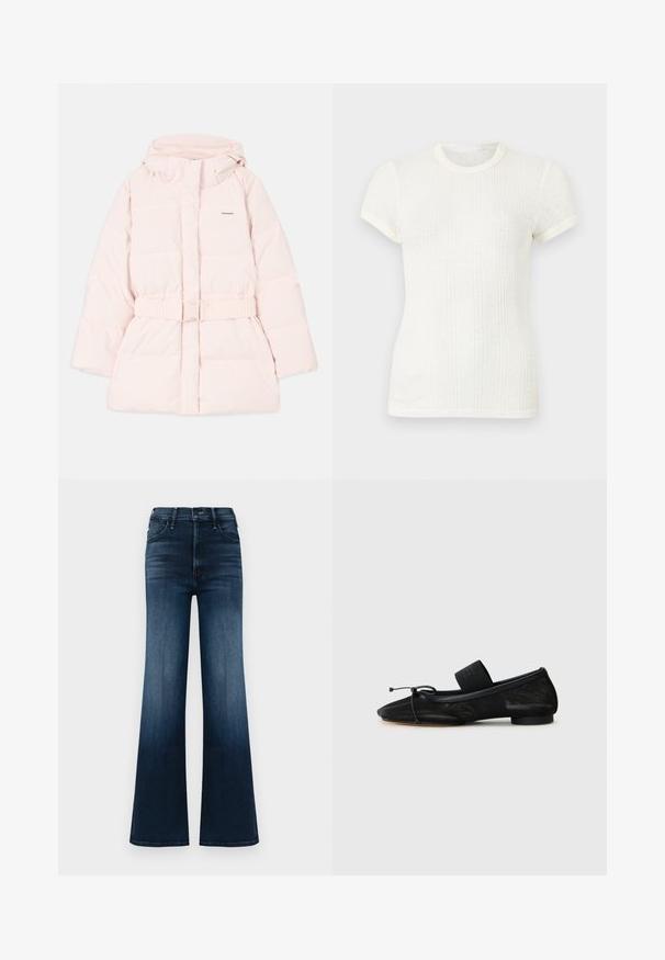 Chaqueta acolchada rosa con cuello alto, capucha ajustable, cintura con cinturón y detalle sutil del logo. Tejido suave y ligero con un diseño acolchado.; Camiseta blanca de manga corta de punto acanalado con cuello redondo y mangas ligeramente abullonadas.; Jeans de mezclilla de pierna acampanada, azul oscuro con un desvanecido en degradado. Cuenta con cinco bolsillos y un cierre tradicional de botón y cremallera. Textura suave.; Zapato plano negro con punta afilada, hecho de tela texturizada, con un lazo como adorno y un pequeño tacón redondo. Banda elástica en el tobillo.