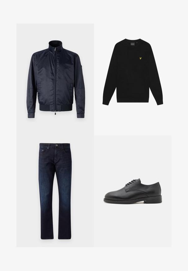 Marineblaue Jacke mit Reißverschluss vorne, hohem Kragen, strukturiertem Oberflächen, elastischen Bündchen und Saum; enthält Seitentaschen und dezente Branding-Details.; Schwarzes Baumwoll-Sweatshirt mit langen Ärmeln und Rundhalsausschnitt. Mit einem kleinen gelben Adler-Logo auf der Brust. Weiche Textur.; Dunkelblaue Jeans mit geradem Schnitt, ausgestattet mit zwei Vordertaschen, einer Münztasche und einem Knopfverschluss. Leicht ausgewaschene Textur.; Schwarze Leder-Oxfordschuhe mit runder Zehenform, glatter Oberfläche, fünf Ösen für die Schnürung und niedrigem, gestapeltem Absatz.