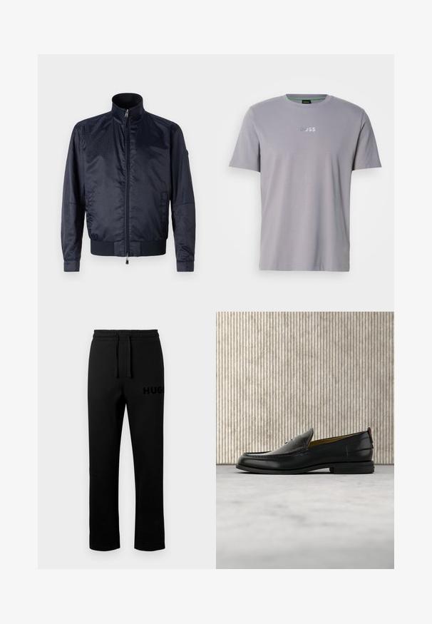Veste bleu marine à fermeture éclair sur le devant, avec col haut, surface texturée, poignets et taille élastiques ; comprend des poches latérales et un détail de marque subtil.; T-shirt gris à manches courtes en coton, avec un col rond et le logo "BOSS" embossé en blanc sur la poitrine.; Pantalon de survêtement noir avec une ceinture élastique, un cordon de serrage et un petit logo "HUGO" embossé sur le côté gauche. Texture lisse, coupe droite.; Mocassin pour homme en cuir noir avec un dessus embossé effet croco et un petit talon, présenté de profil sur un fond neutre.