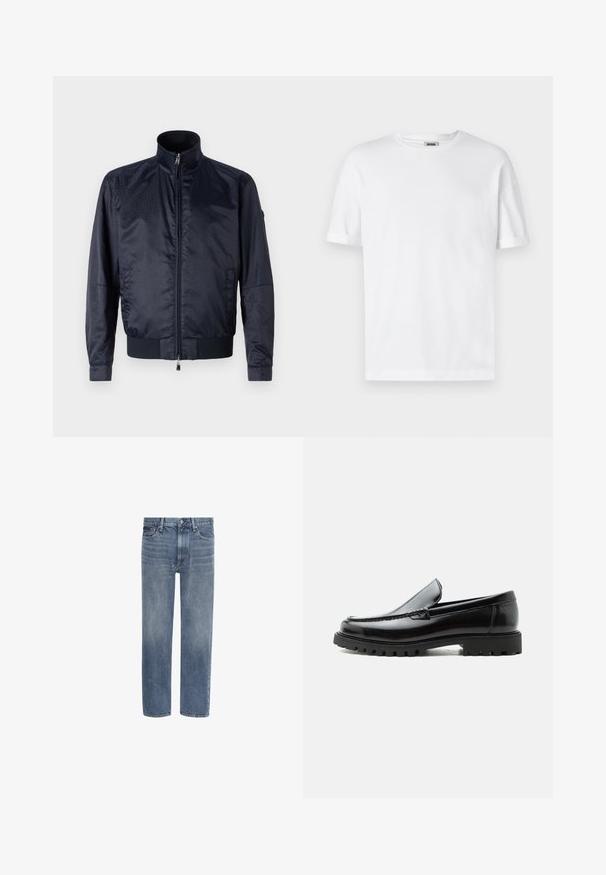 Marineblaue Jacke mit Reißverschluss vorne, hohem Kragen, strukturiertem Oberflächen, elastischen Bündchen und Saum; enthält Seitentaschen und dezente Branding-Details.; Weißes Baumwoll-T-Shirt mit Rundhalsausschnitt, kurzen Ärmeln und umgeschlagenen Bündchen; schlichtes Design, weiche Textur und gerade geschnitten.; Gerade geschnittene blaue Denim-Jeans mit Vordertaschen, Gürtelschlaufen und Knopfverschluss.; Schwarzer Lederloafer mit grober Gummisohle, genähter Oberseite und geprägtem Markennamen an der Ferse, seitlich auf weißem Hintergrund gezeigt.