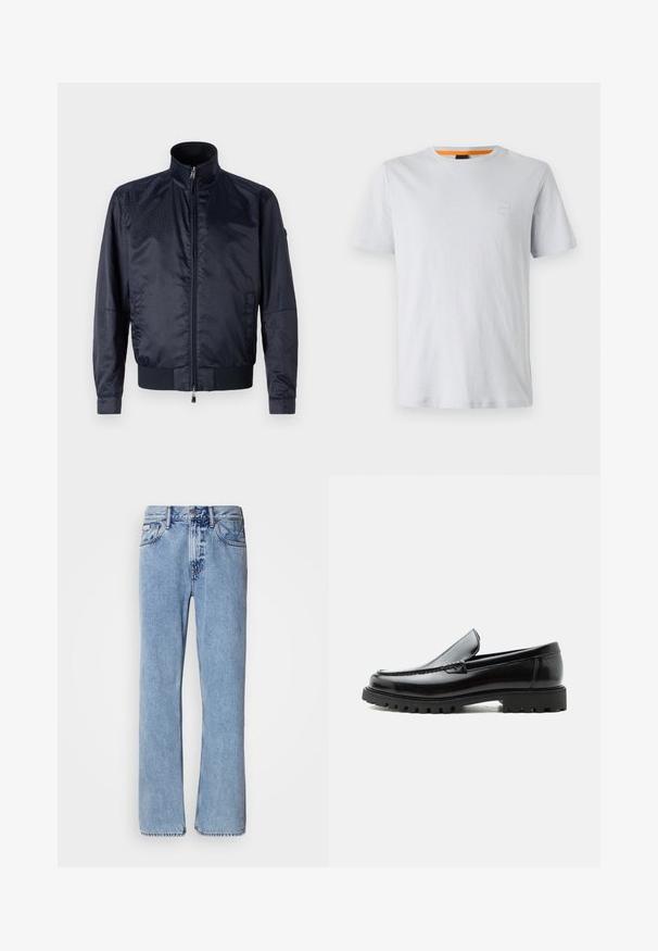 Marineblå, lynlåsfunktion jakke med høj krave, tekstureret overflade, elastiske manchetter og talje; inkluderer sidelommer og subtil brandingdetalje.; Lys grå kortærmet t-shirt lavet af bomuld, med et lille logo-patch på brystet og en kontrasterende orange detalje ved halsudskæringen.; Lyseblå denimjeans med lige ben design, fem lommer og knaplukning. Syninger nær lommer og talje.; Sort læderloafer med chunky gummisål, syet overdel og præget mærkenavn på hælen, vist i sideprofil på hvid baggrund.