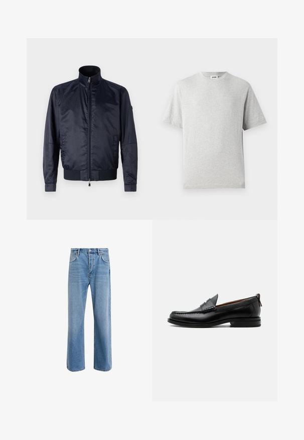Marineblaue Jacke mit Reißverschluss vorne, hohem Kragen, strukturiertem Oberflächen, elastischen Bündchen und Saum; enthält Seitentaschen und dezente Branding-Details.; Graues T-Shirt mit kurzen Ärmeln aus weichem Stoff. Besitzt einen Rundhalsausschnitt, einen lockeren Schnitt und keine Muster oder Logos. Glatte Textur über das gesamte Shirt.; Helle blaue Jeans im Geradeschnitt-Design, mit fünf Taschen, Knopfverschluss, minimaler Ausbleichung und kontrastierenden Nähdetails.; Schwarzer Leder-Herrenschuh mit Mokassinnaht, Penny-Riemen, strukturiertem Kragen und niedrigem gestapeltem Absatz auf weißem Hintergrund.