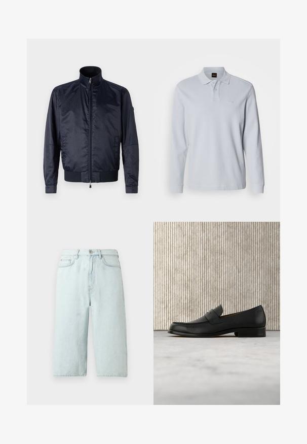 Marineblaue Jacke mit Reißverschluss vorne, hohem Kragen, strukturiertem Oberflächen, elastischen Bündchen und Saum; enthält Seitentaschen und dezente Branding-Details.; Hellblaues Langarm-Poloshirt aus geripptem Stoff, mit Kragen und Drei-Knopf-Leiste, versehen mit dezentem Logo-Stick.; Hellblaue Jeansshorts mit geradem Bein, mittlerer Bundhöhe, vorderen Taschen und einer einzelnen Gesäßtasche, veredelt mit dezenter Naht.; Schwarzer Leder-Slipper schwebt über einem beigen Teppich, im Hintergrund ein glänzender, runder brauner Tisch.