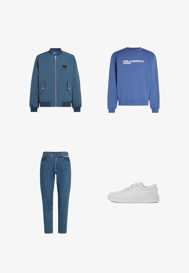 Blaues Bomberjackett mit Reißverschluss vorne, gerippten Bündchen und Saum, zwei Seitentaschen und einer zusätzlichen Reißverschlusstasche am linken Ärmel.; Blaues Sweatshirt aus Baumwollmischung, mit geripptem Rundhalsausschnitt, langen Ärmeln und dem weißen Logo "KARL LAGERFELD JEANS" auf der Vorderseite.; Blaue Denim-Jeans mit hoher Taille und geradem Bein. Zu den Merkmalen gehören das klassische Fünf-Taschen-Design, Gürtelschlaufen und das Markenlogo auf dem Taillenbund.; Weiße Leder-Sneaker mit klassischem Low-Top-Design, flacher Sohle und dezentem Markenlogo an der Ferse. Verfügt über fünf Metallösen für die Schnürsenkel.
