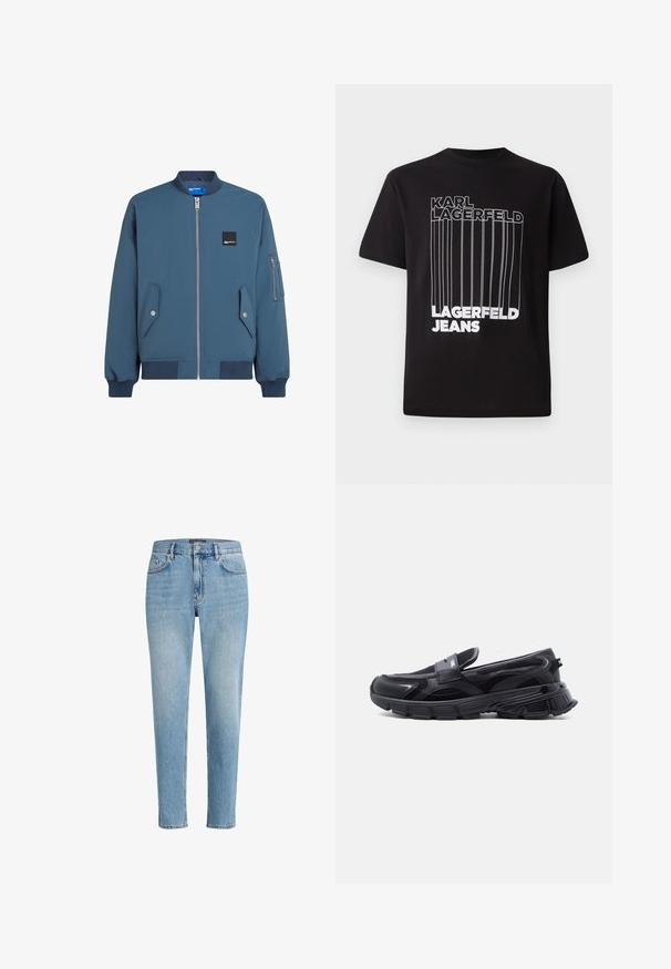 Blauwe bomberjack met een ritssluiting aan de voorkant, ribbelmanchetten en -zoom, twee zijzakken en een extra ritszak op de linker mouw.; Zwarte T-shirt van katoen met witte blokletters "KARL LAGERFELD" en "LAGERFELD JEANS" en verticale lijn details; standaard ronde hals.; Lichtblauwe denim jeans met een relaxed fit, vijf zakken ontwerp en subtiele wassing. Bevat een merklabel nabij de taille.; Zwarte instapsneaker met dikke, gestructureerde zool en mesh panelen, ontworpen voor casual en sportief gebruik.