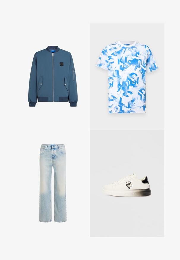 Blaues Bomberjackett mit Reißverschluss vorne, gerippten Bündchen und Saum, zwei Seitentaschen und einer zusätzlichen Reißverschlusstasche am linken Ärmel.; Weißes Kurzarm-T-Shirt mit blauen abstrakten geometrischen Formen und schablonenähnlichen Mustern überall.; Hellblaue Jeans mit geradem Bein, verwaschenem Look, Vorderknopf- und Reißverschluss sowie Fünf-Taschen-Design.; Weißer Sneaker mit einem Obermaterial aus glattem Leder, schwarzen Akzenten an der Ferse und einem Cartoon-Logo. Verfügt über eine dicke, leicht transparente Sohle.