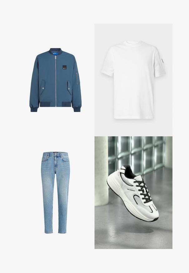 Blaues Bomberjackett mit Reißverschluss vorne, gerippten Bündchen und Saum, zwei Seitentaschen und einer zusätzlichen Reißverschlusstasche am linken Ärmel.; Schlichtes weißes Baumwoll-T-Shirt mit kurzen Ärmeln und Rundhalsausschnitt, dargestellt auf einem hellgrauen Hintergrund.; Hellblaue Denim-Jeans mit einem lässigen Schnitt, Fünf-Taschen-Design und dezenten Abnutzungserscheinungen. Mit einem Markenpatch nahe der Taille.; Weißer Sneaker aus Mesh- und Leder-Material, mit schwarzen Akzenten und strukturierter Sohle. Merkmale sind Schnürsenkel und Branding an der Seite.