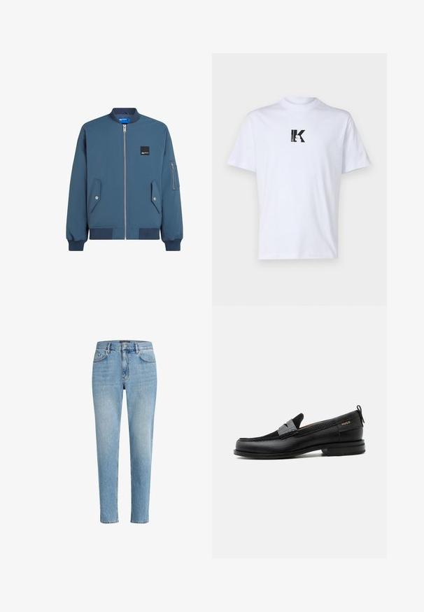 Blaues Bomberjackett mit Reißverschluss vorne, gerippten Bündchen und Saum, zwei Seitentaschen und einer zusätzlichen Reißverschlusstasche am linken Ärmel.; Weißes Baumwoll-T-Shirt mit einem schwarzen Grafiklogo, das den Buchstaben "K" in einem quadratischen Design zeigt. Klassischer Rundhals und kurze Ärmel.; Hellblaue Denim-Jeans mit einem lässigen Schnitt, Fünf-Taschen-Design und dezenten Abnutzungserscheinungen. Mit einem Markenpatch nahe der Taille.; Schwarzer Lederloafer mit grauem Riemendetail, niedrigem Absatz und strukturierter Sohle, seitlich mit „HUGO“ in Gold gebrandmarkt.