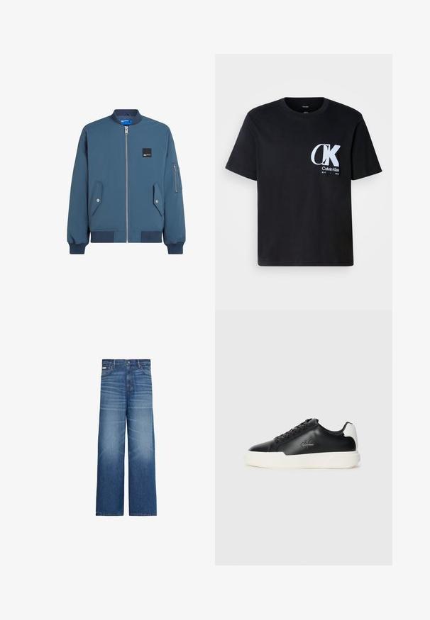 Blauwe bomberjack met een ritssluiting aan de voorkant, ribbelmanchetten en -zoom, twee zijzakken en een extra ritszak op de linker mouw.; Zwarte katoenen t-shirt met korte mouwen, ronde hals, met een witte "CK"-logo op de linkerborst. Gladde textuur, rechte zoom.; Blauwe wijde jeans met vervaagde details, vijf zakken en een knoopsluiting in de taille.; Zwarte leren sneakers met een witte rubberen zool. Voorzien van een ronde neus, vetersluiting en logodetail aan de zijkant. Achteraccent in het wit.