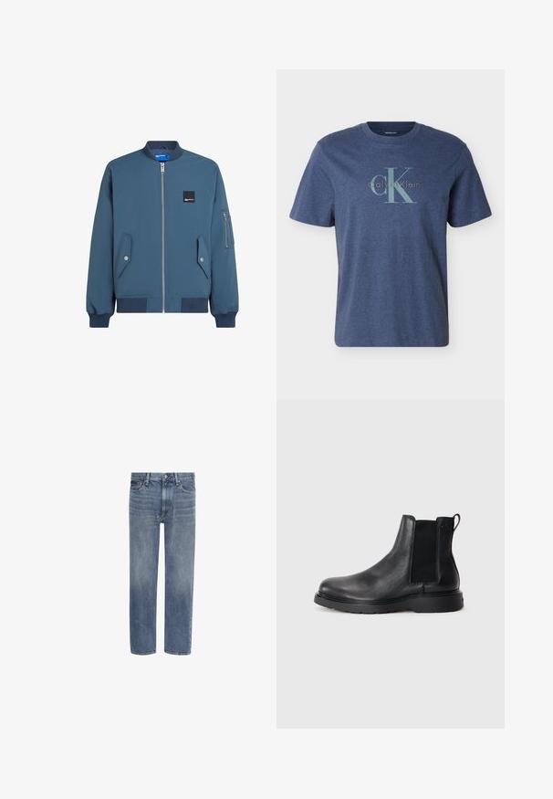 Blaues Bomberjackett mit Reißverschluss vorne, gerippten Bündchen und Saum, zwei Seitentaschen und einer zusätzlichen Reißverschlusstasche am linken Ärmel.; Herrenshirt mit kurzen Ärmeln in Marineblau, mit großem hellblauem "CK" und "Calvin Klein"-Logo auf der Brust.; Gerade geschnittene blaue Denim-Jeans mit Vordertaschen, Gürtelschlaufen und Knopfverschluss.; Schwarze Leder-Chelsea-Boots mit strukturiertem Finish, elastischen seitlichen Einsätzen und einer robusten Gummisohle. Dezentes Branding an der Ferse.