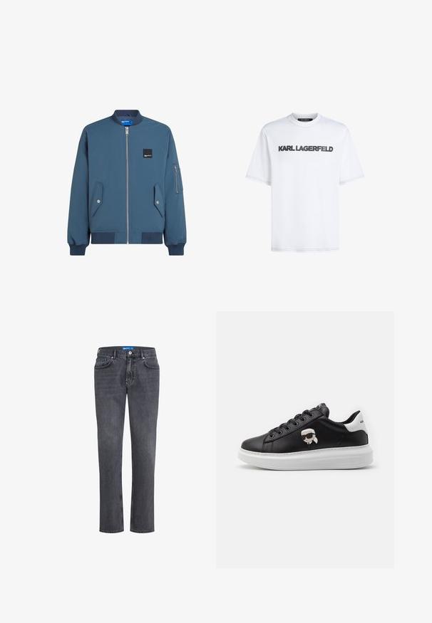 Blaues Bomberjackett mit Reißverschluss vorne, gerippten Bündchen und Saum, zwei Seitentaschen und einer zusätzlichen Reißverschlusstasche am linken Ärmel.; Weißes Baumwoll-T-Shirt mit rundem Halsausschnitt. Mit schwarzem besticktem "KARL LAGERFELD"-Text auf der Vorderseite und kurzen Ärmeln.; Dunkelgraue Jeans aus Denim mit geradem Bein, fünf Taschen und einem blauen Label am Bund. Verfügt über einen klassischen Knopf- und Reißverschluss.; Schwarze Ledersneaker mit einer weißen Sohle, die ein seitliches Cartoon-Design, runde Schnürsenkel und Branding an der Ferse und Zunge aufweisen.