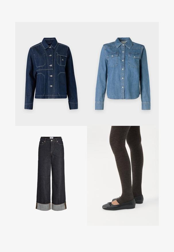 Donkerblauwe spijkerjas met een klassieke kraag, knoopsluiting en zilverkleurige hardware. Voorzien van twee borstzakken en contrasterende witte stiksels.; Denim shirt in een lichtblauwe tint, met klassieke kraag en twee borstzakken. Het heeft drukknoopsluitingen en lange mouwen met knoopmanchetten.; Donkerblauwe wijde jeans met omgeslagen zomen, vijf zakken en contrasterend gele stiksels.; Benen met donkere geribbelde leggings gecombineerd met zwarte ballerina's met kleine strikdetails op een witte achtergrond.