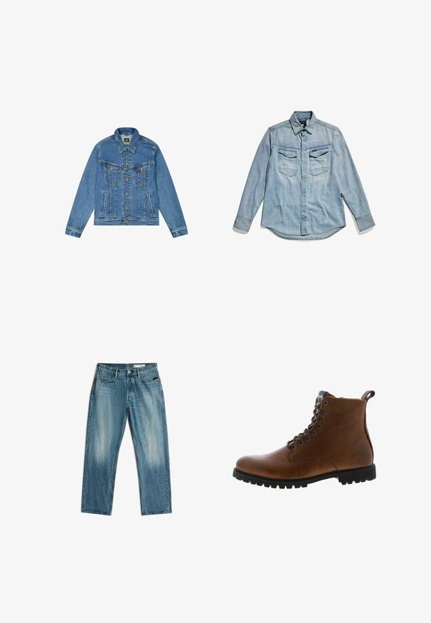 Denim jacket met een lichtblauwe wassing, klassieke snit, gespitse kraag, gouden knoopsluiting en twee borstzakken met decoratieve naden.; Lichtblauwe denim overhemd met lange mouwen, knoopsluiting aan de voorkant, twee borstzakken en een klassieke kraag. Zachte textuur met een casual ontwerp.; Blauwe rechte spijkerbroek met voorzakken, ceintuurlussen en vervaagde wassing op de dijen en knieën, plat gelegd op een witte achtergrond.; Bruine leren enkelbotten met een gestructureerde afwerking, metalen oogjes en een zwarte rubberen profielzool. Voorzien van een trekband aan de achterkant voor gemakkelijke instap.
