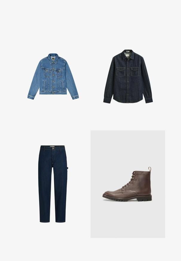 Denim jacket met een lichtblauwe wassing, klassieke snit, gespitse kraag, gouden knoopsluiting en twee borstzakken met decoratieve naden.; Donkerblauw denim overhemd met lange mouwen, knoopsluiting en twee voorzakken op de borst met knopen.; Donkerblauwe rechtvallende spijkerbroek met riemlussen, knoopsluiting en zijzak op het rechterbeen.; Hackett London SLOANE APRON - Veterboots - dark mocca brown