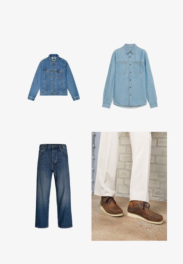 Denimjacke mit einer hellblauen Waschung, klassischem Schnitt, spitzem Kragen, goldenem Knopfverschluss und zwei Brusttaschen mit dekorativen Nähten.; Hellblaues Jeanshemd mit langen Ärmeln, vorn mit Knopfleiste und zwei Brusttaschen, vor weißem Hintergrund.; Jeans aus Denim mit geradem Bein, dunkelblauer Farbe und subtilen Verblassungen. Verfügt über fünf Taschen und einen Knopfverschluss.; Braune Mokassin-Lederstiefel mit weißen Sohlen, getragen zu offwhitefarbenen Hosen, stehend auf einem strukturierten Betonboden nahe einer Ziegelwand.