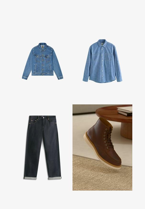 Denimjacke mit einer hellblauen Waschung, klassischem Schnitt, spitzem Kragen, goldenem Knopfverschluss und zwei Brusttaschen mit dekorativen Nähten.; Langärmliges blaues Chambray-Hemd mit Knopfleiste und zwei Brusttaschen, flach auf weißem Hintergrund liegend.; Dunkelblaue Denim-Jeans mit umgeschlagenen Bündchen, fünf Taschen und kontrastierender Naht, flach auf weißem Hintergrund liegend.; Braune Leder-Ankle-Boots mit beiger Sohle auf einem strukturierten beigen Teppich neben einem runden Holztisch mit gestapelten Büchern.