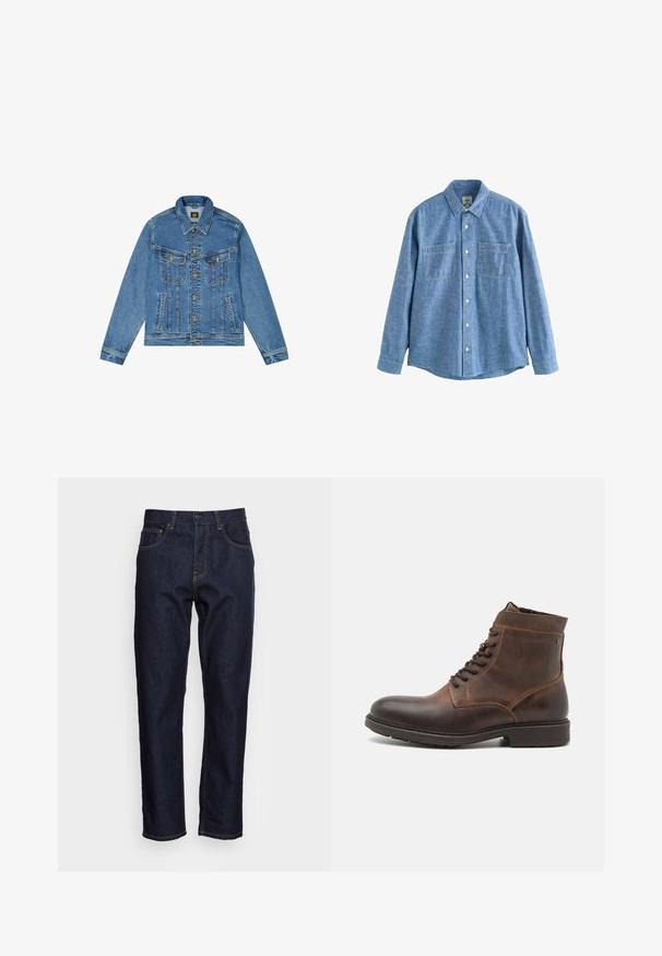 Denim jacket met een lichtblauwe wassing, klassieke snit, gespitse kraag, gouden knoopsluiting en twee borstzakken met decoratieve naden.; Blauw chambray overhemd met lange mouwen, knoopsluiting aan de voorkant en twee borstzakken, plat gelegd op een witte achtergrond.; Donkerblauwe spijkerbroeken met een rechte snit, vijf zakken en contrasterende gele stiksels. Ontworpen met een klassieke knoop- en ritssluiting.; Jack & Jones JFWDELANEY BOOT - Veterboots - cognac