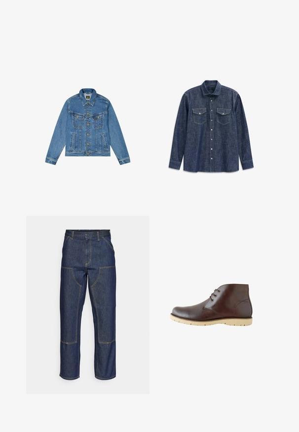 Denimjacke mit einer hellblauen Waschung, klassischem Schnitt, spitzem Kragen, goldenem Knopfverschluss und zwei Brusttaschen mit dekorativen Nähten.; Dunkelblauses Jeanshemd mit langen Ärmeln und spitzem Kragen, zwei Brusttaschen und kontrastierenden Nähten. Verfügt über eine durchgehende Knopfleiste und einen klassischen Schnitt.; Dunkelblaue Jeans aus Denim mit hoher Taille, geradem Bein-Design, kontrastierenden Nähten und aufgesetzten Taschen auf der Vorderseite.; Braune Lederstiefeletten mit glatter Oberfläche, ausgestattet mit zweifach geflochtenen Ösen, runder Zehenpartie und leichten Gummisohlen mit Rillen für besseren Halt.