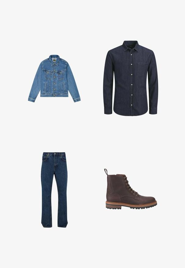 Denimjakke med en lyseblå vask, klassisk snit, spidse krave, gyldne knaplukninger og to brystlommer med dekorative sømme.; Denimskjorte i mørkeblå med lange ærmer, krave med knapper, forlommer og hvide knapper. Struktureret stof med vandrette linjer.; Mørkeblå lige ben jeans lavet af denim, med fem lommer, en knap- og lynlås-lukning, samt en falmet struktur på stoffet.; Brune læder støvler med snørebånd ved anklen, med en tekstureret overflade, kontrasterende beige såler og metaløjer. Har en trækflig for nem påtagning.