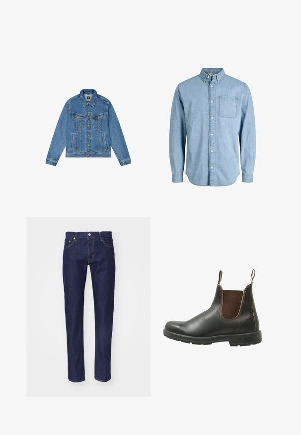 Denimjacke mit einer hellblauen Waschung, klassischem Schnitt, spitzem Kragen, goldenem Knopfverschluss und zwei Brusttaschen mit dekorativen Nähten.; Hellblaues Denim-Hemd mit Knöpfen, langen Ärmeln, Kragen, Fronttasche und dezenter Textur. Verfügt über weiße Knöpfe entlang der Knopfleiste.; Marineblaue Denim-Jeans mit geradem Schnitt, fünf Taschen, kontrastierendem orangenem Nahtdesign und einem silbernen Knopfverschluss an der Taille.; Chelsea-Boots aus glattem schwarzem Leder mit braunen elastischen Seitenteilen, kontrastierenden Nähten und einer strukturierten Gummisohle.