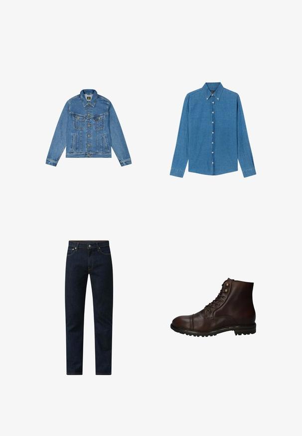 Denimjacke mit einer hellblauen Waschung, klassischem Schnitt, spitzem Kragen, goldenem Knopfverschluss und zwei Brusttaschen mit dekorativen Nähten.; Blaue Denim-Hemd mit Button-down-Kragen, langen Ärmeln und Knöpfen vorne. Der Stoff hat eine strukturierte Oberfläche und einen klassischen Schnitt.; Dunkelblaue Denim-Jeans mit geradem Schnitt. Sie verfügen über orangefarbene Nähte, ein Fünf-Taschen-Design und einen Knopfverschluss in der Taille.; Dunkelbraune Leder Schnürstiefelette mit robustem Gummisohlen und Metallösen, von der Außenseite betrachtet.