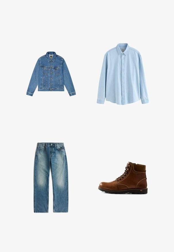 Denimjacke mit einer hellblauen Waschung, klassischem Schnitt, spitzem Kragen, goldenem Knopfverschluss und zwei Brusttaschen mit dekorativen Nähten.; Hellblaues Denim-Hemd mit langen Ärmeln, Knopfleiste, Kragen und weißen Knöpfen, Größe M, vor weißem Hintergrund dargestellt.; Blaue Denim-Jeans mit geradem Bein, vorderem Knopf und Reißverschluss, Fünf-Taschen-Design und ausgebleichten Stellen an Oberschenkeln und Knien.; Brauner Leder-Stiefelette mit gepolstertem Kragen, Schnürverschluss und robustem schwarzem Profilsohle, entworfen für Outdoor-Abenteuer.