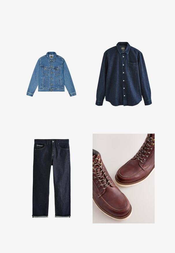 Denimjacke mit einer hellblauen Waschung, klassischem Schnitt, spitzem Kragen, goldenem Knopfverschluss und zwei Brusttaschen mit dekorativen Nähten.; Dunkelblaues Jeans-Langarmhemd mit Knopfleiste, Kragen und einer einzelnen Brusttasche, dargestellt vor weißem Hintergrund.; Dunkelblaue Jeans aus Denim mit umgeschlagenen Bündchen, Knopf- und Reißverschluss, Vorder- und Münztaschen und kontrastierenden Nähten vor weißem Hintergrund.; Braune Lederstiefel mit einer glatten Oberfläche, ausgestattet mit Metallösen, grauen Schnürsenkeln und einer cremefarbenen Gummisohle. Nahtdetail entlang der Kanten.