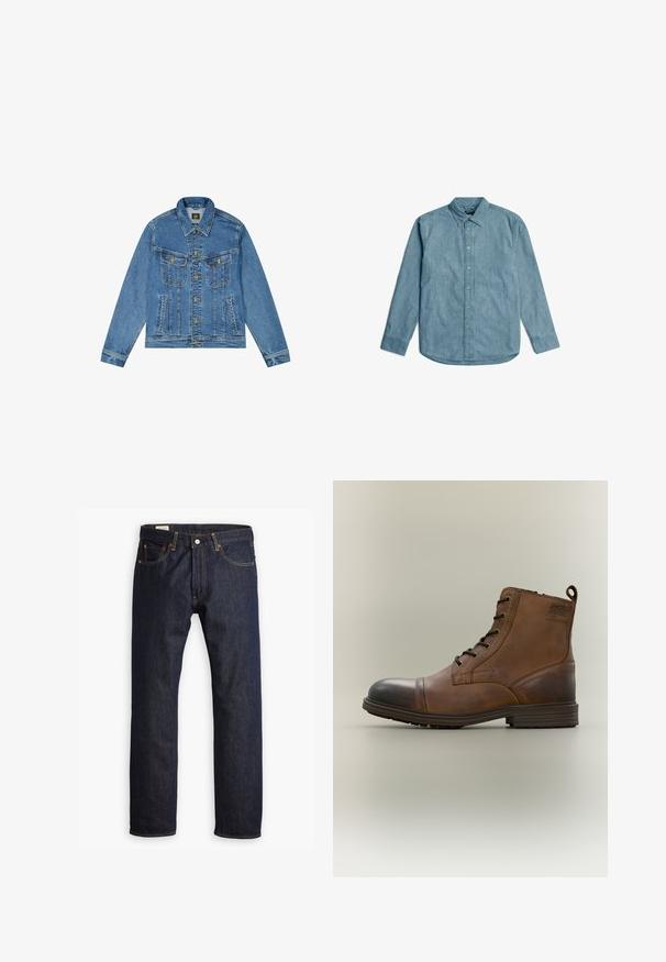 Denimjacke mit einer hellblauen Waschung, klassischem Schnitt, spitzem Kragen, goldenem Knopfverschluss und zwei Brusttaschen mit dekorativen Nähten.; Hellblaues Denimhemd mit Button-Down-Kragen, langen Ärmeln und abgerundetem Saum. Verfügt über eine subtile Textur und eine standardmäßige Knopfblende.; Dunkelblaue Jeans aus Denim mit geradem Bein, orangefarbener Naht und Fünf-Taschen-Stil sowie einer Metallknopfverschluss.; Brauner Leder-Schnürstiefel bis zum Knöchel mit schwarzer Zehenkappe, runder Sohle und Markenlabel an der Seite vor schlichtem Hintergrund.