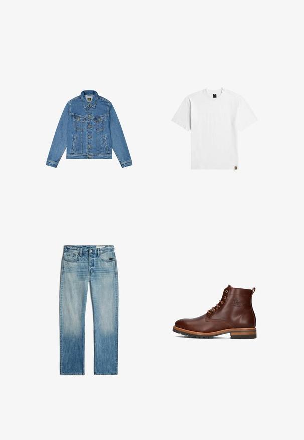 Denim jacket met een lichtblauwe wassing, klassieke snit, gespitse kraag, gouden knoopsluiting en twee borstzakken met decoratieve naden.; Effen wit T-shirt met korte mouwen en een ronde hals, met een klein zwart label op de kraag en een bruin etiket aan de onderzoom.; Lichtblauwe rechte jeans met knoop- en ritssluiting aan de voorkant, vijf zakken en subtiele vervaging op de dijen en knieën.; Bruine leren enkellaars met ronde neus, vetersluiting, contrasterende hak en zolen, en een reliëflogo op de zijkant.