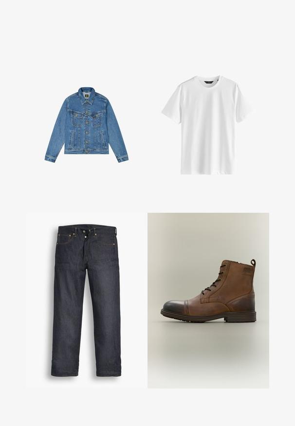 Denimjacke mit einer hellblauen Waschung, klassischem Schnitt, spitzem Kragen, goldenem Knopfverschluss und zwei Brusttaschen mit dekorativen Nähten.; Weißes Baumwoll-T-Shirt mit kurzen Ärmeln und rundem Halsauschnitt. Glatte Textur, schlichtes Design, keine sichtbaren Muster oder Akzente.; Dunkelblaue Jeans aus Denim mit geradem Bein, versehen mit orangefarbener Naht, klassischem Fünf-Taschen-Stil und Knopfverschluss.; Brauner Leder-Schnürstiefel bis zum Knöchel mit schwarzer Zehenkappe, runder Sohle und Markenlabel an der Seite vor schlichtem Hintergrund.