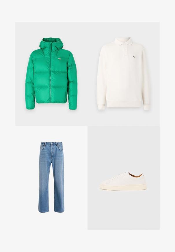 Grüne Pufferjacke mit Kapuze, ausgestattet mit einem Reißverschluss, gesteppter Optik und dem Markenzeichen auf der linken Brust. Glattes, glänzendes Material.; Langärmliges, blasscremefarbenes Polohemd aus strukturiertem Strick, mit einer Dreiknopf-Leiste und einem grünen gestickten Logo auf der Brust.; Helle blaue Jeans im Geradeschnitt-Design, mit fünf Taschen, Knopfverschluss, minimaler Ausbleichung und kontrastierenden Nähdetails.; Weißer Sneaker mit niedrigem Schaft und Schnürdesign, minimalen Nähten und einer cremefarbenen Sohle auf hellgrauem Hintergrund.