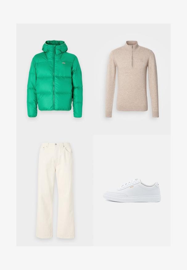 Grøn pufferjakke med hætte, der har lynlåslukning, kviltet design og signaturlogo på venstre bryst. Glat, skinnende materiale.; INDICODE JEANS Striktrøje - beige mix; Cremefarvede brede jeans lavet af denim, med et standard fem-lomme design og en metalknaplukning i taljen.; Hvide lædersneakers med glat tekstur, rund tå og ton-i-ton syning. Har blå snørebånd og et gult logo på siden.