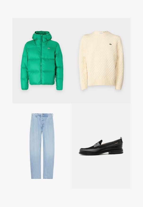 Grüne Pufferjacke mit Kapuze, ausgestattet mit einem Reißverschluss, gesteppter Optik und dem Markenzeichen auf der linken Brust. Glattes, glänzendes Material.; Cremfarbener Strickpullover mit strukturiertem Rautenmuster, gerippten Bündchen und Saum; beinhaltet ein kleines grünes Lacoste-Logo auf der Brust.; Hellblaue Jeans mit hoher Taille und geradem Bein, mit Knopf- und Reißverschluss, Gürtelschlaufen und Seitentaschen, flach auf weißem Hintergrund präsentiert.; Schwarzer Lederloafer mit grauem Riemendetail, niedrigem Absatz und strukturierter Sohle, seitlich mit „HUGO“ in Gold gebrandmarkt.