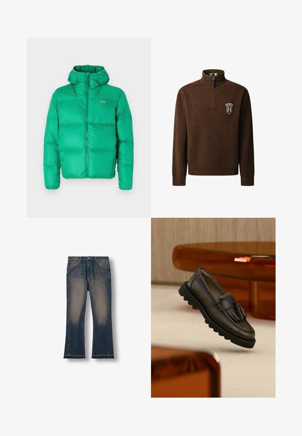 Grüne Pufferjacke mit Kapuze, ausgestattet mit einem Reißverschluss, gesteppter Optik und dem Markenzeichen auf der linken Brust. Glattes, glänzendes Material.; Brauner Halb-Reißverschluss-Pullover mit geripptem Kragen, Bündchen und Saum, mit einem weißen Schildemblem mit "Hackett H" auf der linken Brust.; Dunkelblaue, ausgestellte Jeans aus Denim mit ausgewaschenen Oberschenkeln, fünf Taschen und einem fransigen Saum. Robuster Stoff mit klassischem Schnitt.; Dunkelbrauner Leder-Slipper mit Quasten, schwarze klobige Sohle, auf beigem Teppich neben durchsichtigem orangefarbenem Möbelstück präsentiert.