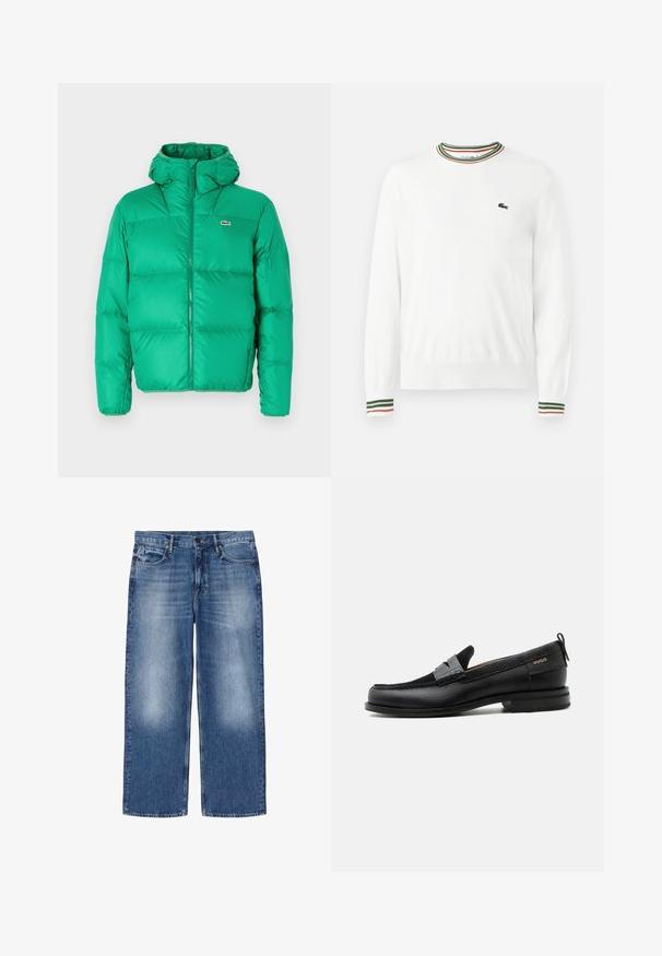 Grüne Pufferjacke mit Kapuze, ausgestattet mit einem Reißverschluss, gesteppter Optik und dem Markenzeichen auf der linken Brust. Glattes, glänzendes Material.; Weißer Pullover mit Rundhalsausschnitt, versehen mit grünen, roten und orangefarbenen gestreiften Akzenten am Kragen und den Ärmeln. Lacoste-Logo auf der Brust.; Hellblaue, ausgewaschene Straight-Leg-Denim-Jeans mit fünf Taschen und Knopfverschluss, flach auf weißem Hintergrund dargestellt.; Schwarzer Lederloafer mit grauem Riemendetail, niedrigem Absatz und strukturierter Sohle, seitlich mit „HUGO“ in Gold gebrandmarkt.