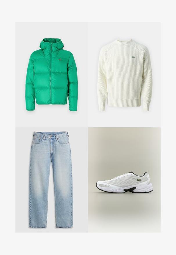 Grøn pufferjakke med hætte, der har lynlåslukning, kviltet design og signaturlogo på venstre bryst. Glat, skinnende materiale.; Flødefarvet, ribstrikket sweater med rund hals og lange ærmer. Har en lille grøn logo på brystet og tekstureret stof.; Lyseblå lige jeans med fem lommer, metalknaplukning og falmede detaljer ved lårene og knæene, lagt fladt på hvid baggrund.; Hvide atletiske sko med tekstureret mesh-overdel, buet design og kontrasterende sort ydersål. Har en grøn broderet logo på siden.