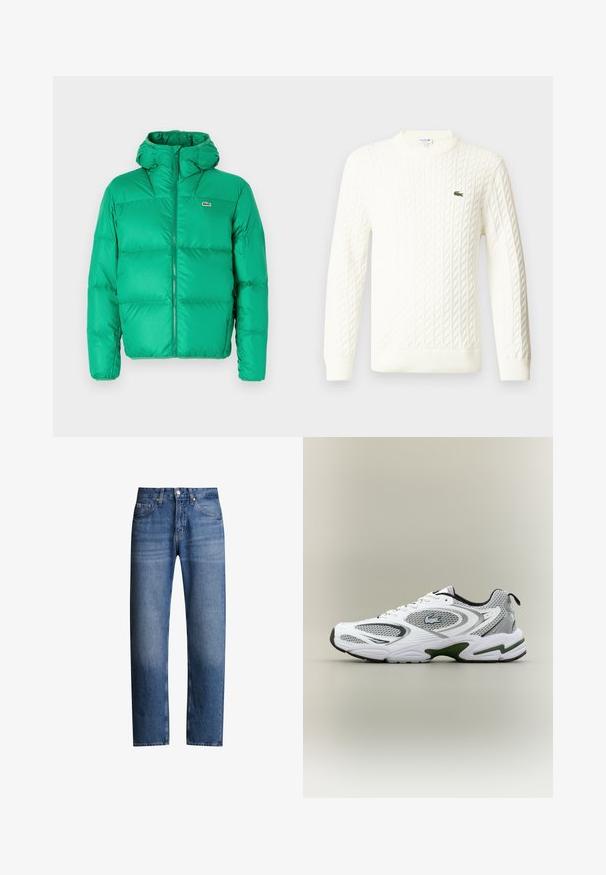 Chaqueta acolchada verde con capucha, con cierre de cremallera, diseño acolchado y logo distintivo en el lado izquierdo del pecho. Material suave y brillante.; Suéter blanco de punto trenzado con cuello redondo, mangas largas y un logo bordado en verde en el pecho. Fabricado en un suave tejido de punto.; Jeans de mezclilla azul con corte recto, cinco bolsillos y cremallera. Presentan un ligero desgaste y costuras a lo largo de las costuras.; Zapatilla deportiva de running en blanco y gris, con paneles de malla, acentos verdes, detalles en negro y un logo en el costado, vista desde el lado exterior.
